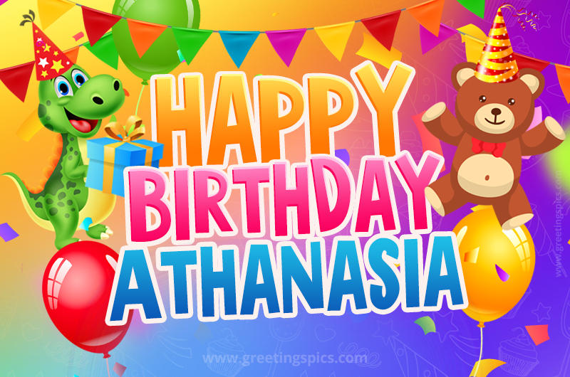 Happy Birthday Athanasia Image for a child with cute dinosaur and bear