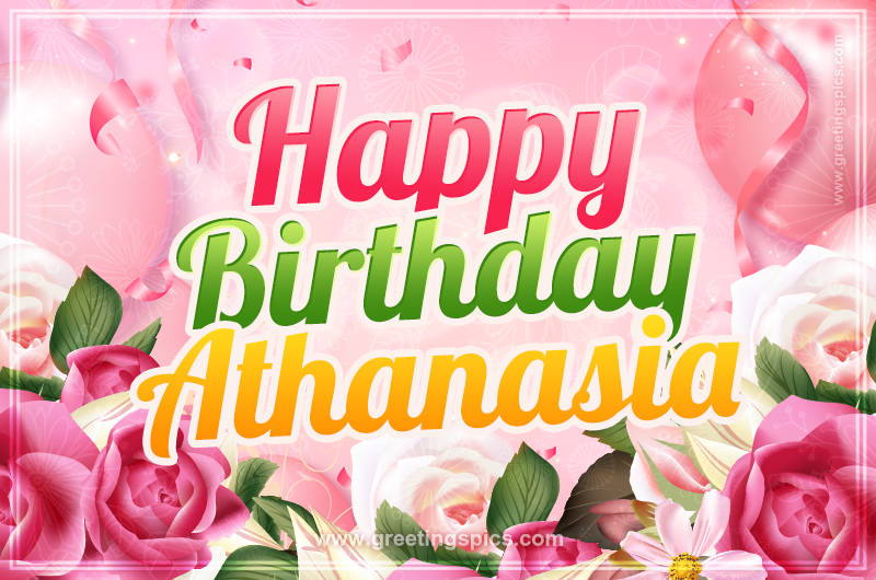 Image with gentle pink background and flowers Happy Birthday Athanasia