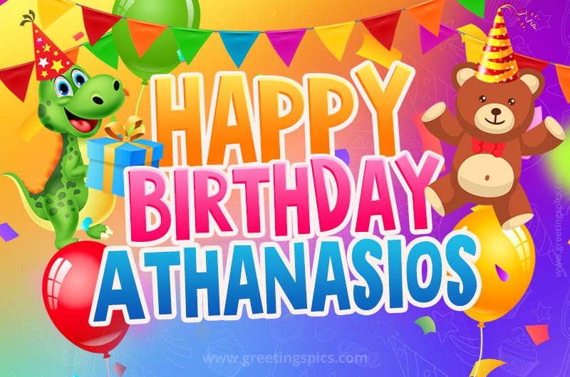 Happy Birthday Athanasios Image for a child with cute baby dinosaur and bear