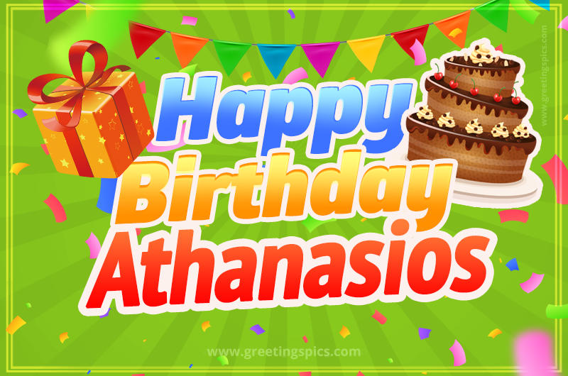 Happy Birthday Athanasios picture with flags, chocolate cake and gift box