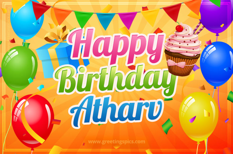 Happy Birthday Atharv eCard with gift box and cupcake