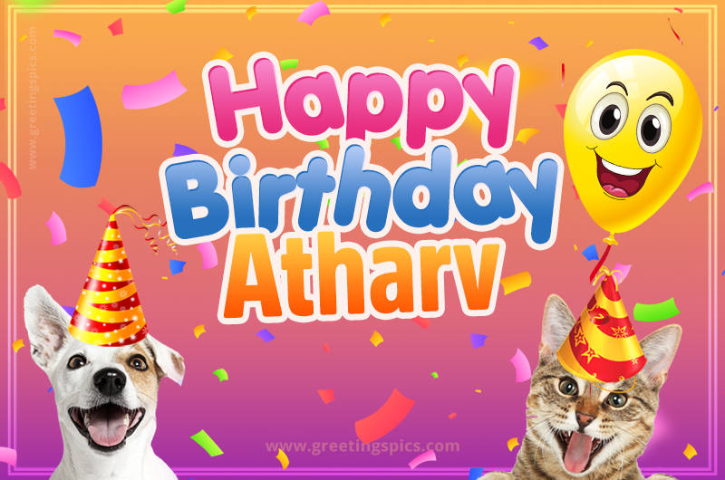 Happy Birthday Atharv Funny Image with cat and dog