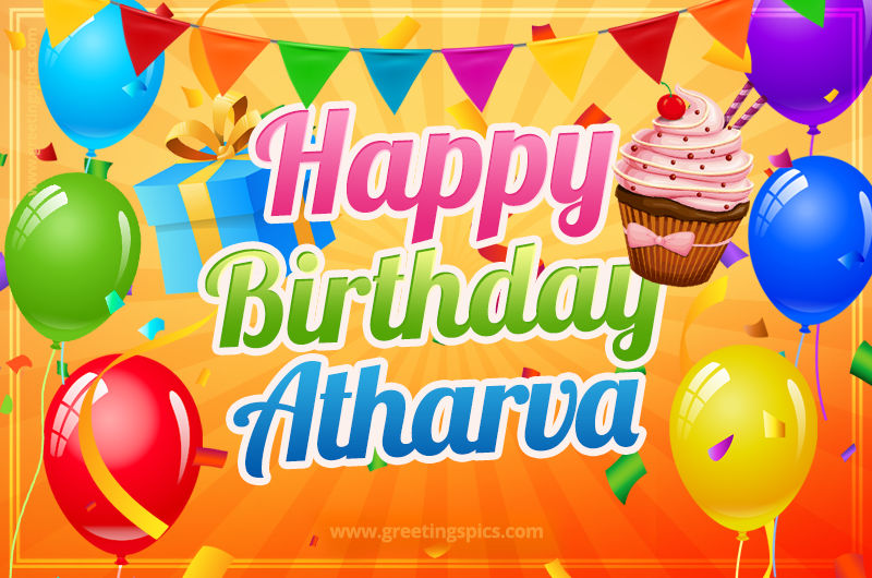 Happy Birthday Atharva eCard with gift box and cupcake