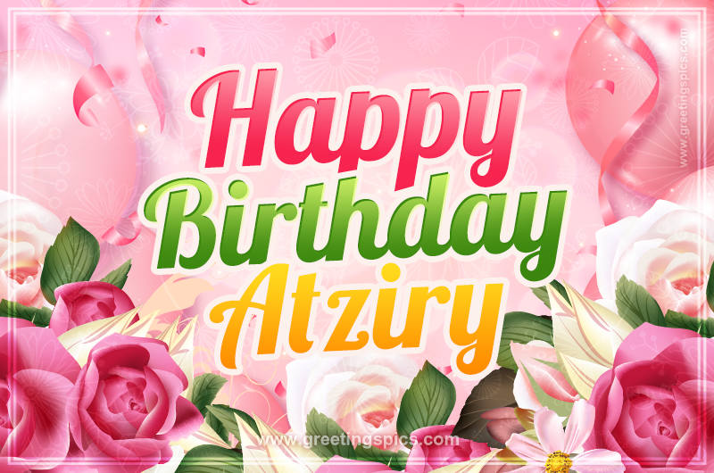 Image with gentle pink background and flowers Happy Birthday Atziry