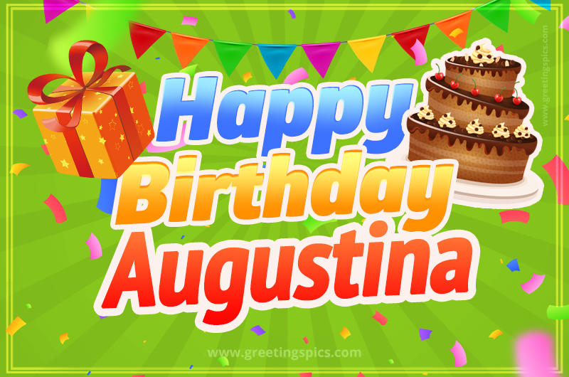 Happy Birthday Augustina picture with flags, chocolate cake and gift box