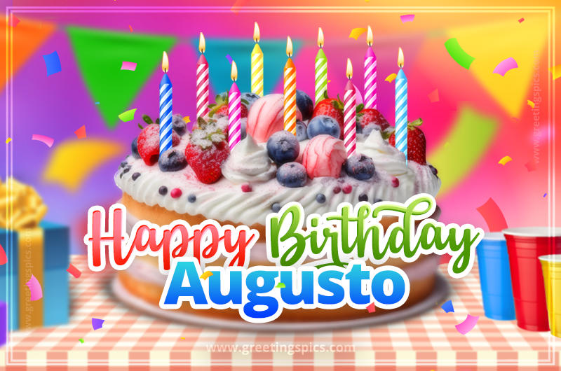 Happy Birthday Augusto Colorful Image with fruit cake and candles