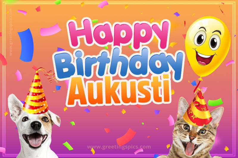 Happy Birthday Aukusti Funny Image with cat and dog