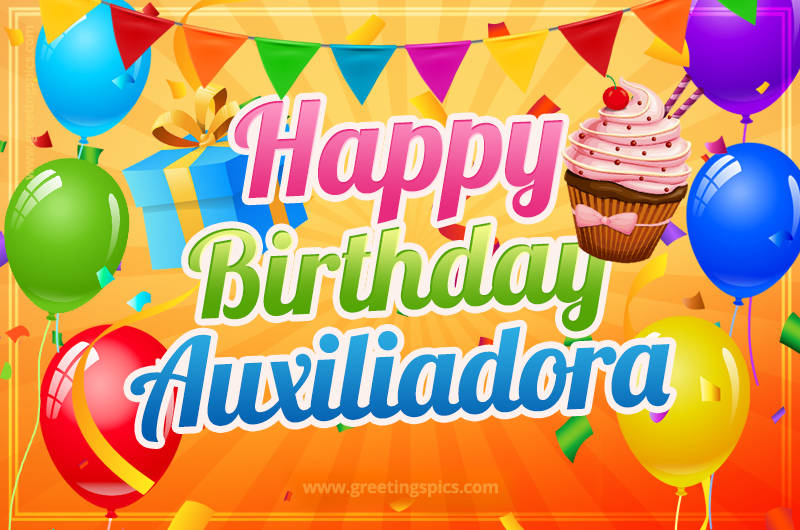 Happy Birthday Auxiliadora eCard with gift box and cupcake