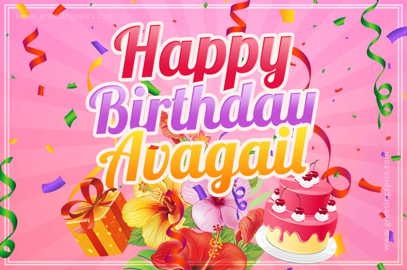 Beautiful Birthday Card for Avagail with Cake and bouquet of flowers