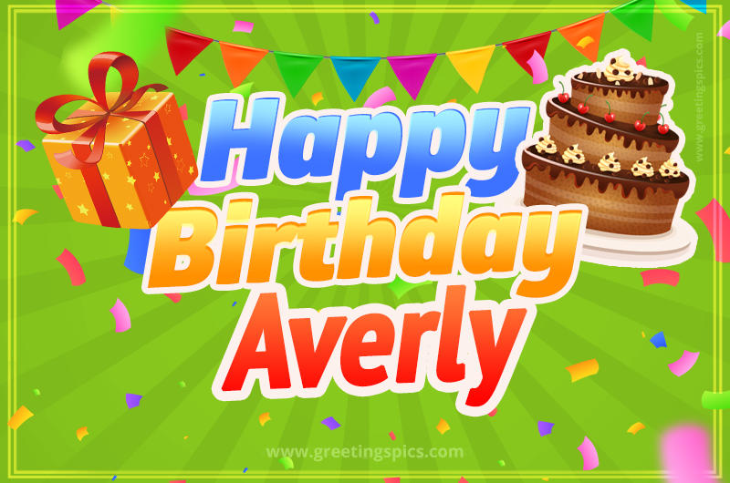 Happy Birthday Averly picture with flags, chocolate cake and gift box