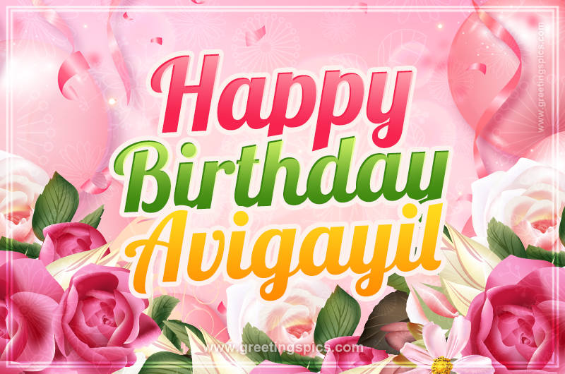 Image with gentle pink background and flowers Happy Birthday Avigayil