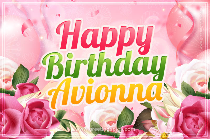 Image with gentle pink background and flowers Happy Birthday Avionna