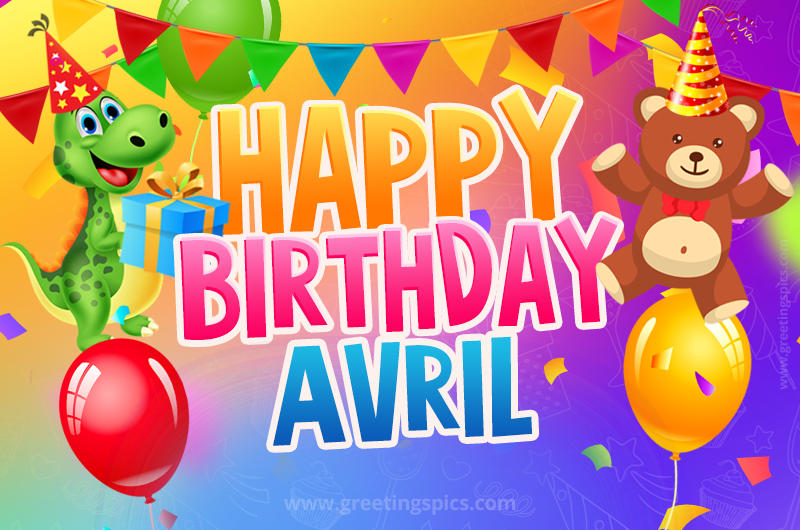 Happy Birthday Avril Image for a child with cute dinosaur and bear