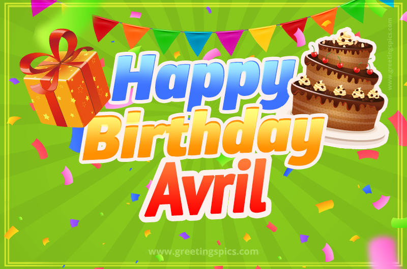 Happy Birthday Avril picture with flags, chocolate cake and gift box