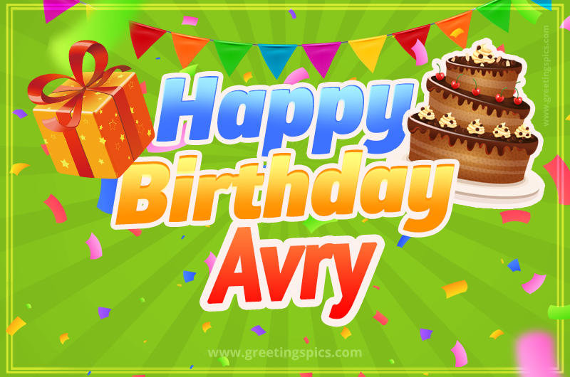 Happy Birthday Avry picture with flags, chocolate cake and gift box