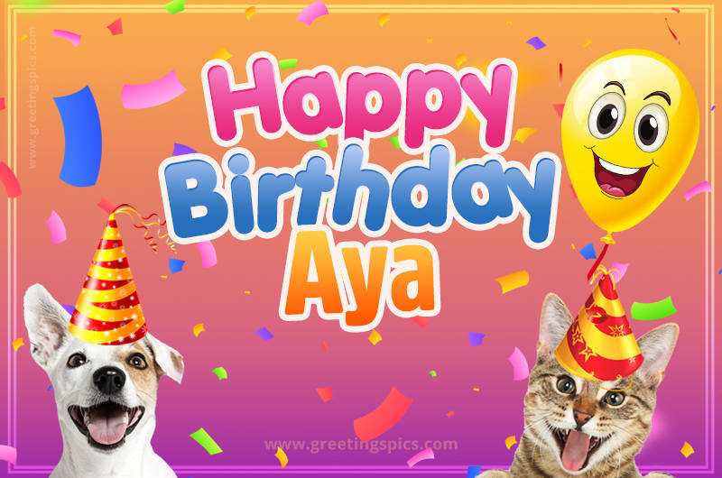 Happy Birthday Aya Funny Image with cat and dog