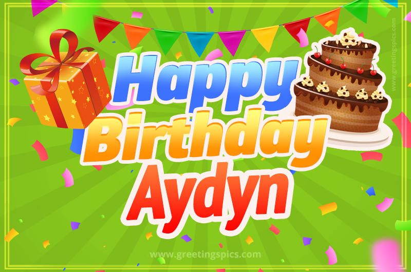 Happy Birthday Aydyn picture with flags, chocolate cake and gift box