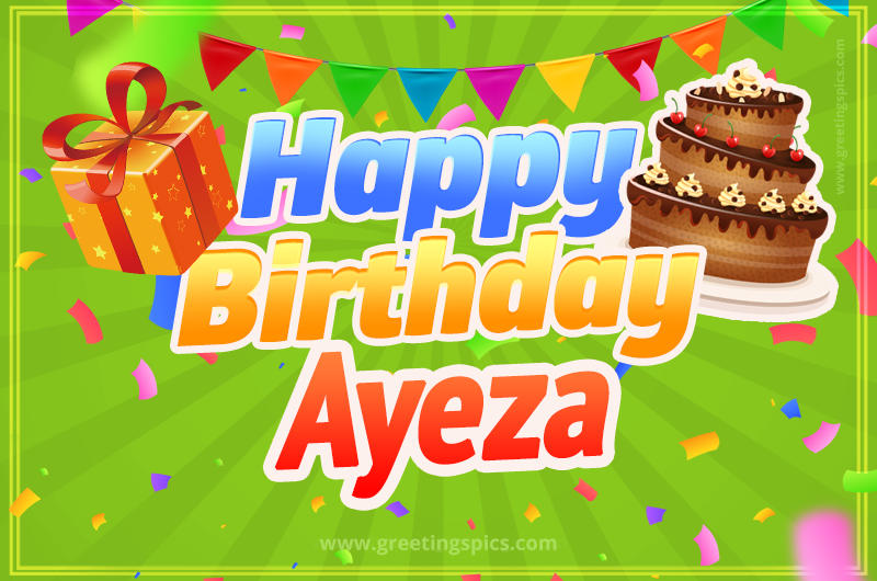 Happy Birthday Ayeza picture with flags, chocolate cake and gift box