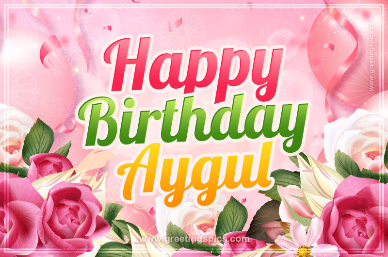 Image with gentle pink background and flowers Happy Birthday Aygul