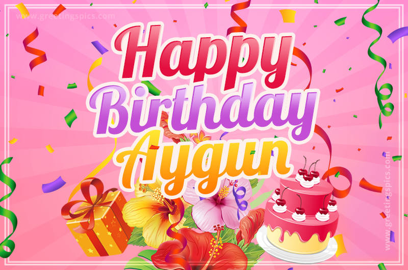 Beautiful Birthday Card for Aygun with Cake and bouquet of flowers