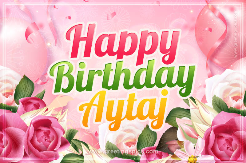 Image with gentle pink background and flowers Happy Birthday Aytaj