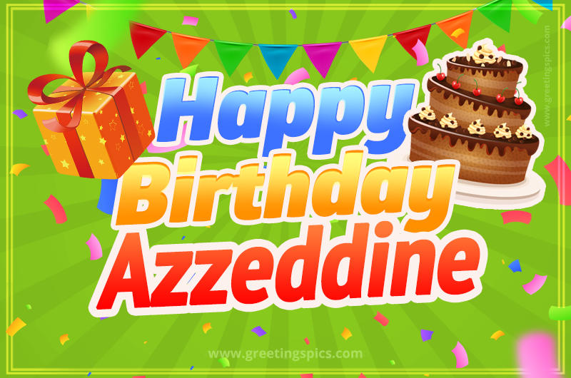 Happy Birthday Azzeddine picture with flags, chocolate cake and gift box