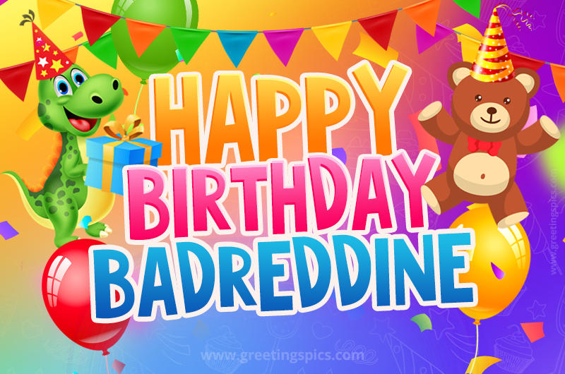 Happy Birthday Badreddine Image for a child with cute baby dinosaur and bear