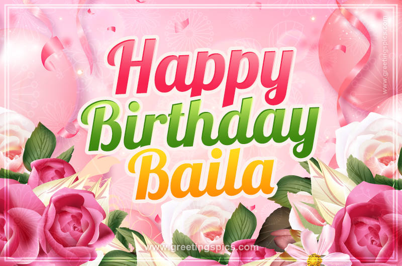 Image with gentle pink background and flowers Happy Birthday Baila