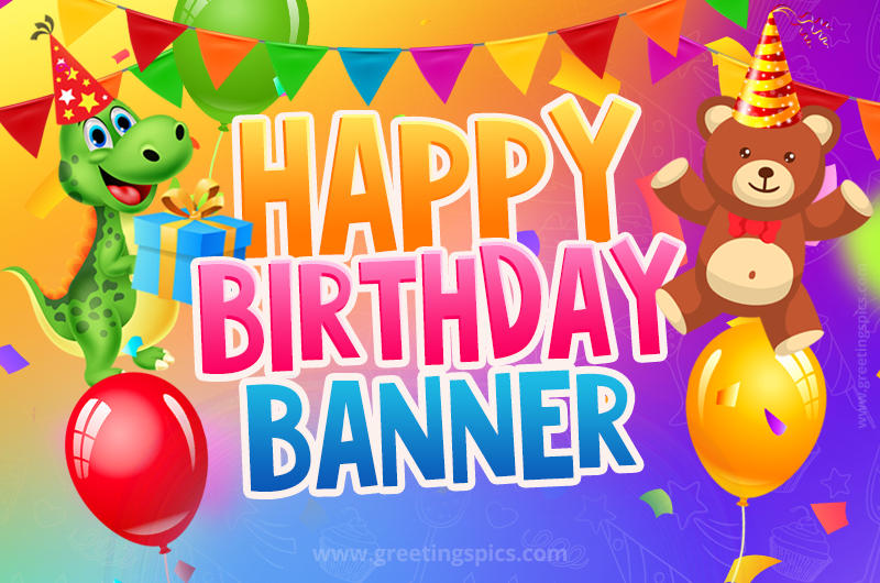 Happy Birthday Banner Image for a child with cute baby dinosaur and bear