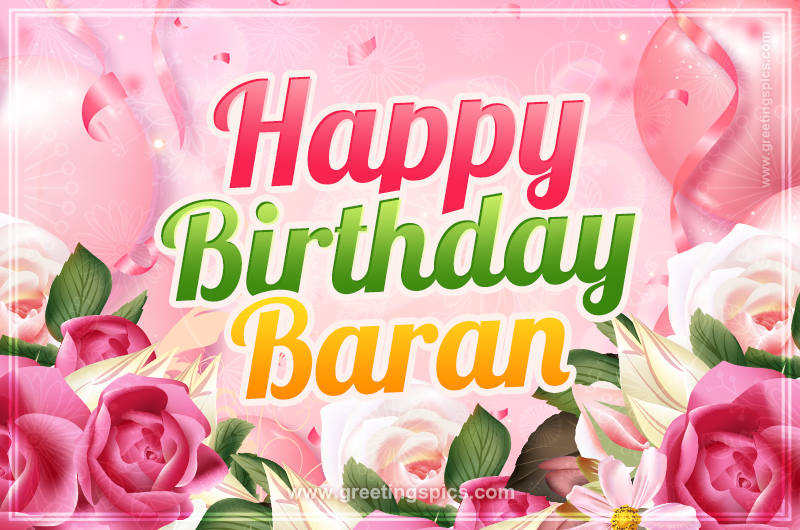 Image with gentle pink background and flowers Happy Birthday Baran