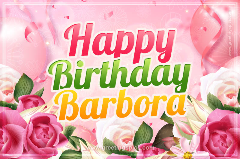 Image with gentle pink background and flowers Happy Birthday Barbora