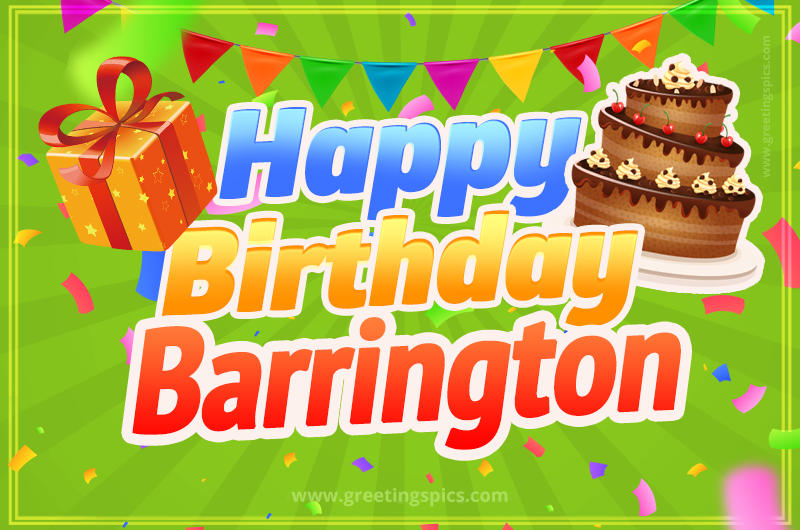 Happy Birthday Barrington picture with flags, chocolate cake and gift box