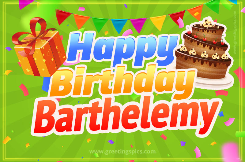 Happy Birthday Barthelemy picture with flags, chocolate cake and gift box