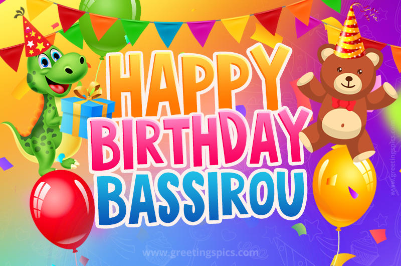 Happy Birthday Bassirou Image for a child with cute baby dinosaur and bear