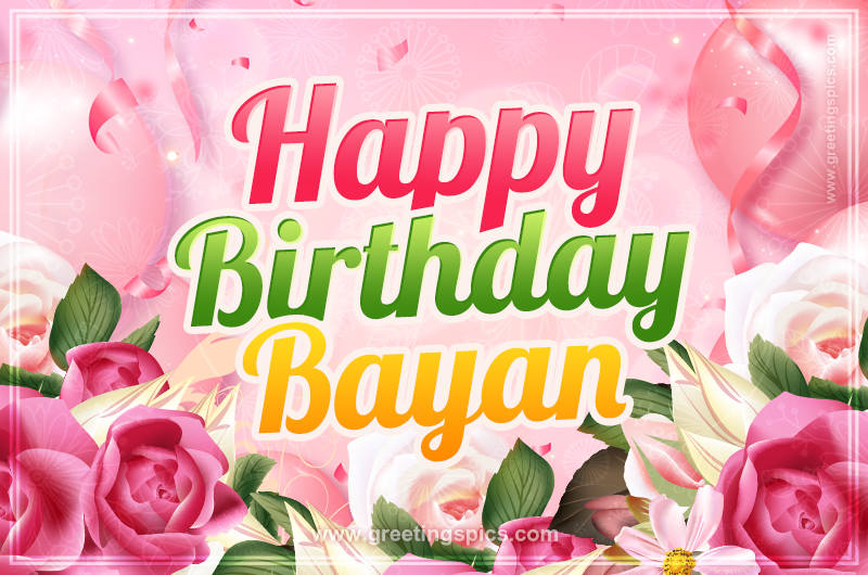 Image with gentle pink background and flowers Happy Birthday Bayan