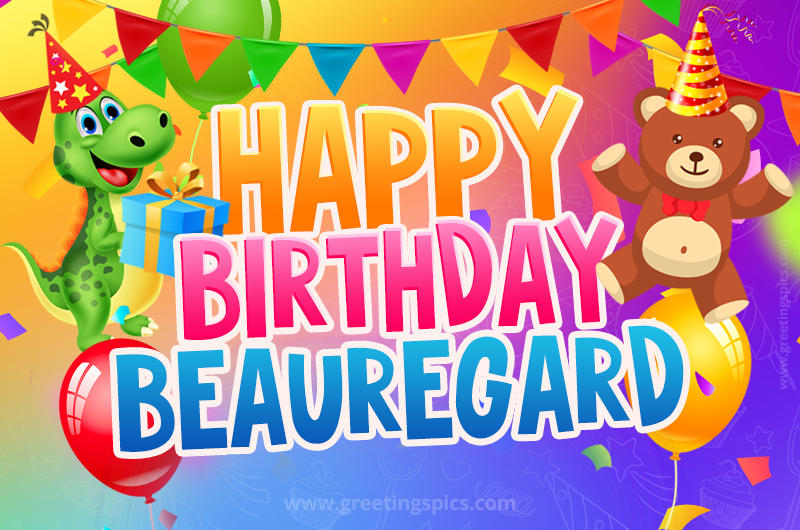 Happy Birthday Beauregard Image for a child with cute baby dinosaur and bear