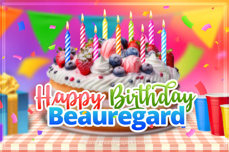 Happy Birthday Beauregard Colorful Image with fruit cake and candles