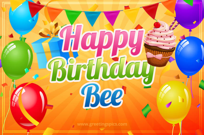 Happy Birthday Bee eCard with gift box and cupcake