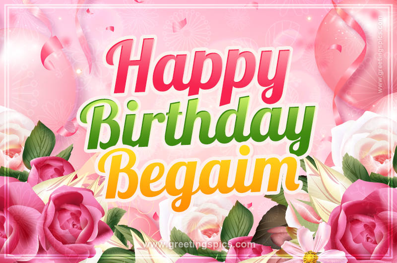 Image with gentle pink background and flowers Happy Birthday Begaim