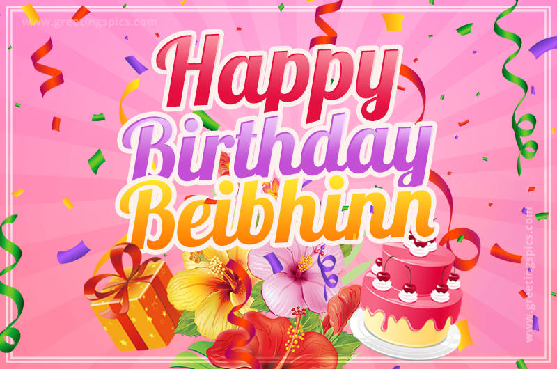 Beautiful Birthday Card for Beibhinn with Cake and bouquet of flowers