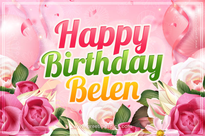 Image with gentle pink background and flowers Happy Birthday Belen