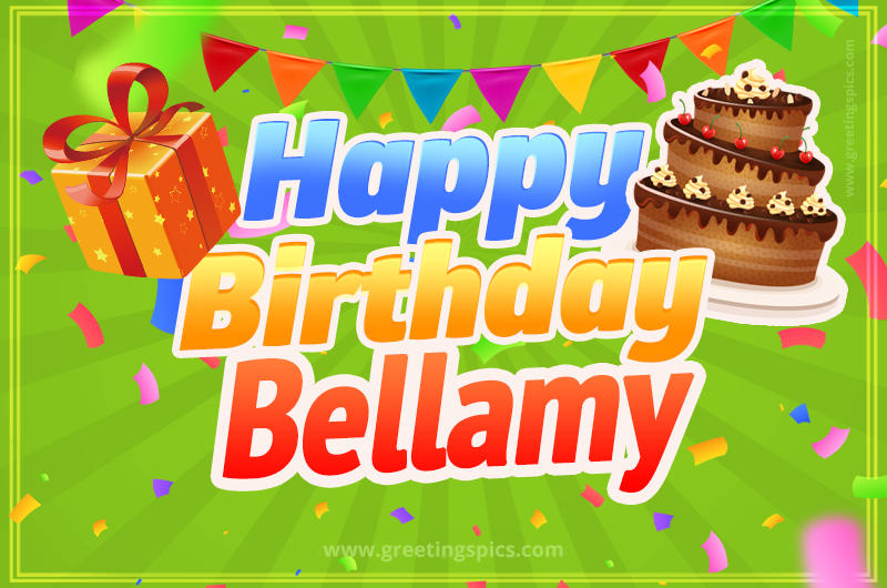 Happy Birthday Bellamy picture with flags, chocolate cake and gift box