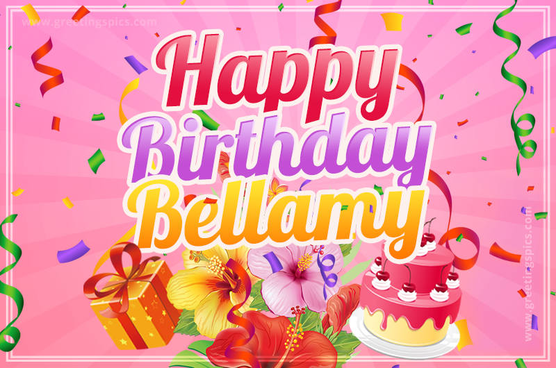 Beautiful Birthday Card for Bellamy with Cake and bouquet of flowers