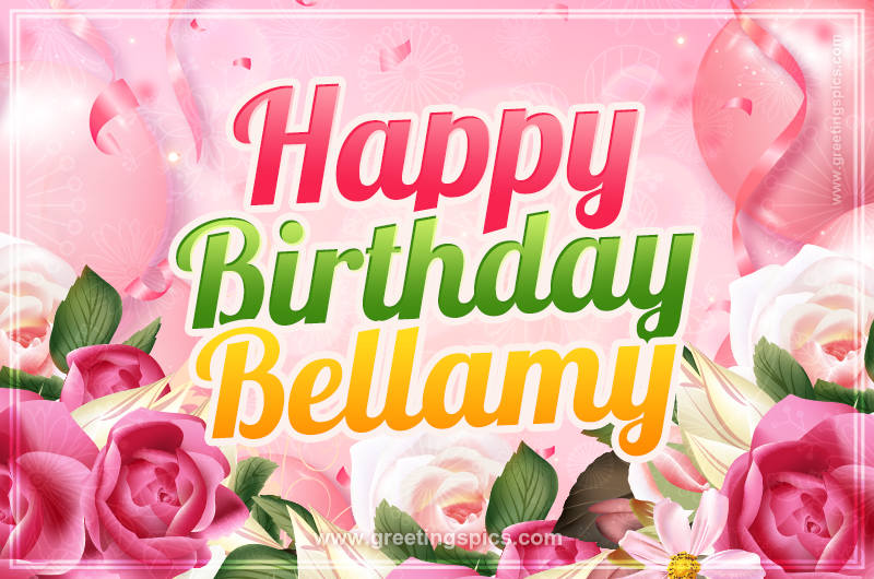 Image with gentle pink background and flowers Happy Birthday Bellamy