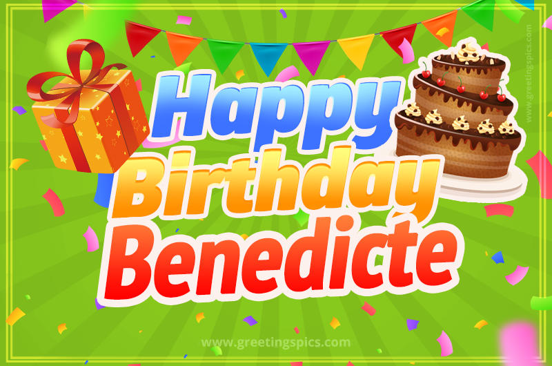 Happy Birthday Benedicte picture with flags, chocolate cake and gift box