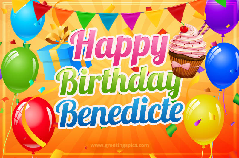 Happy Birthday Benedicte eCard with gift box and cupcake