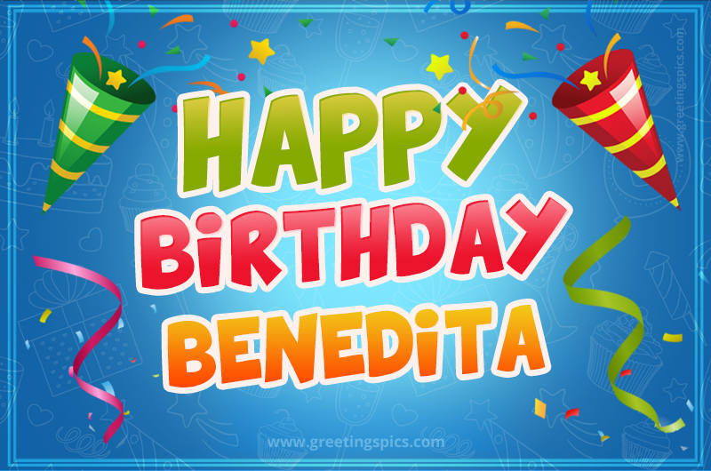 Happy Birthday Benedita picture with confetti and party poppers