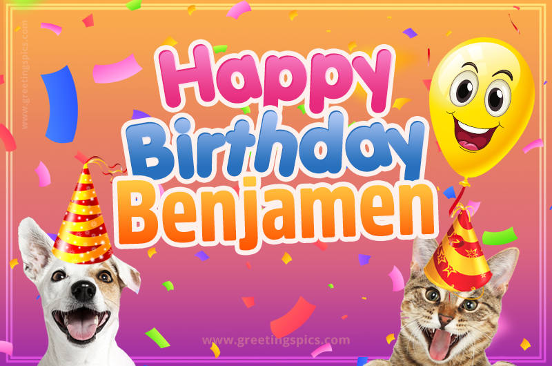 Happy Birthday Benjamen Funny Image with cat and dog