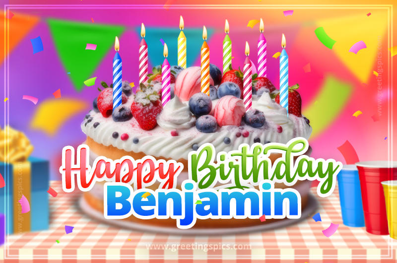 Happy Birthday Benjamin Colorful Image with fruit cake and candles