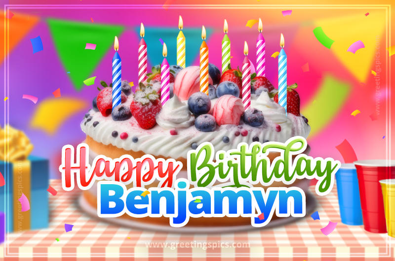 Happy Birthday Benjamyn Colorful Image with fruit cake and candles